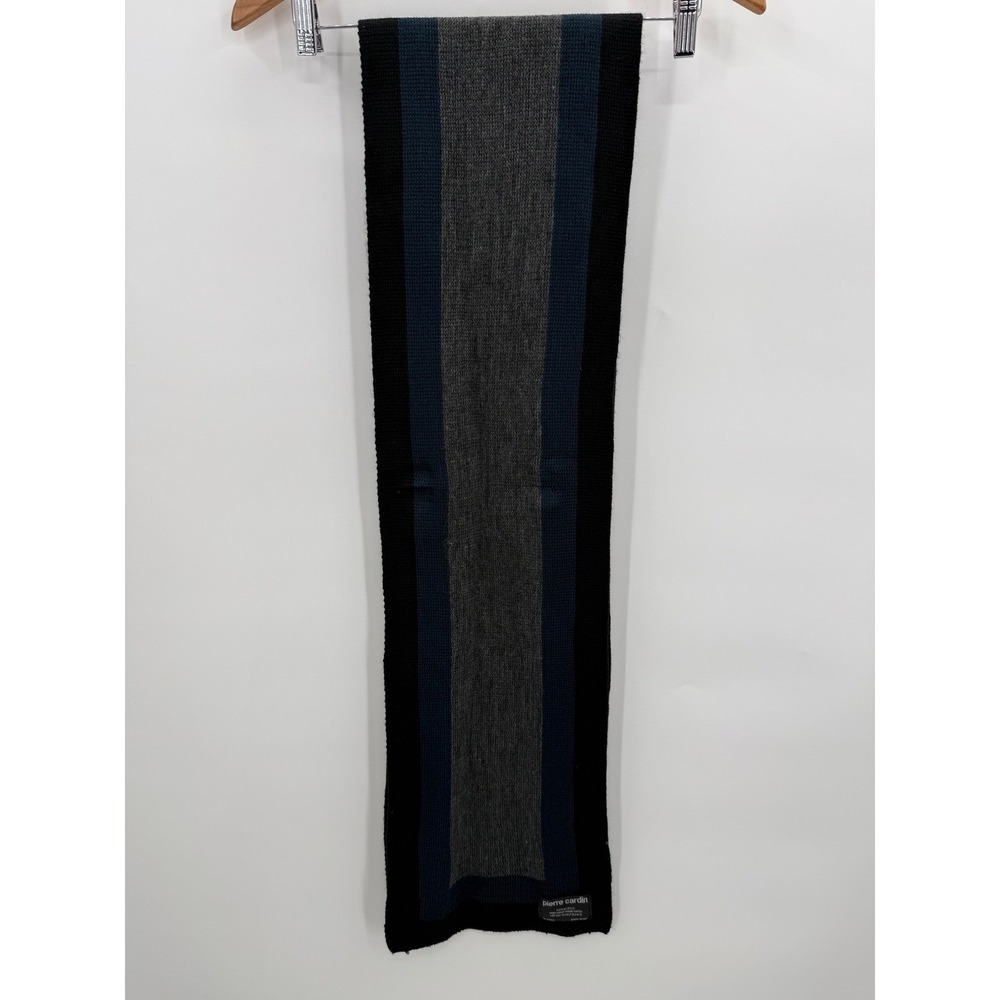 Pierre Cardin Scarf Black Blue Grey Striped‎ Acrylic Knit Men's Accessory